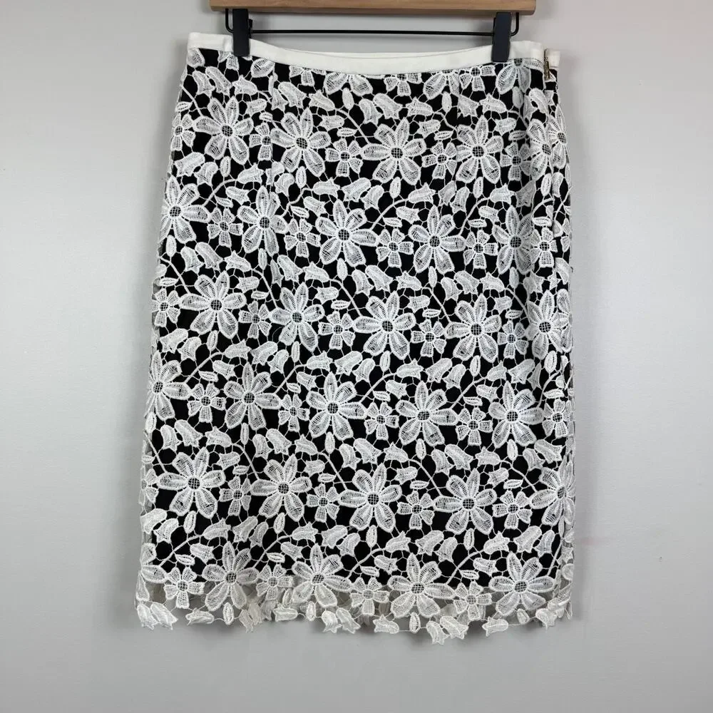 Karl Lagerfeld Paris Floral‎ Pencil Skirt Women 10 Black White Lace Overlay Work